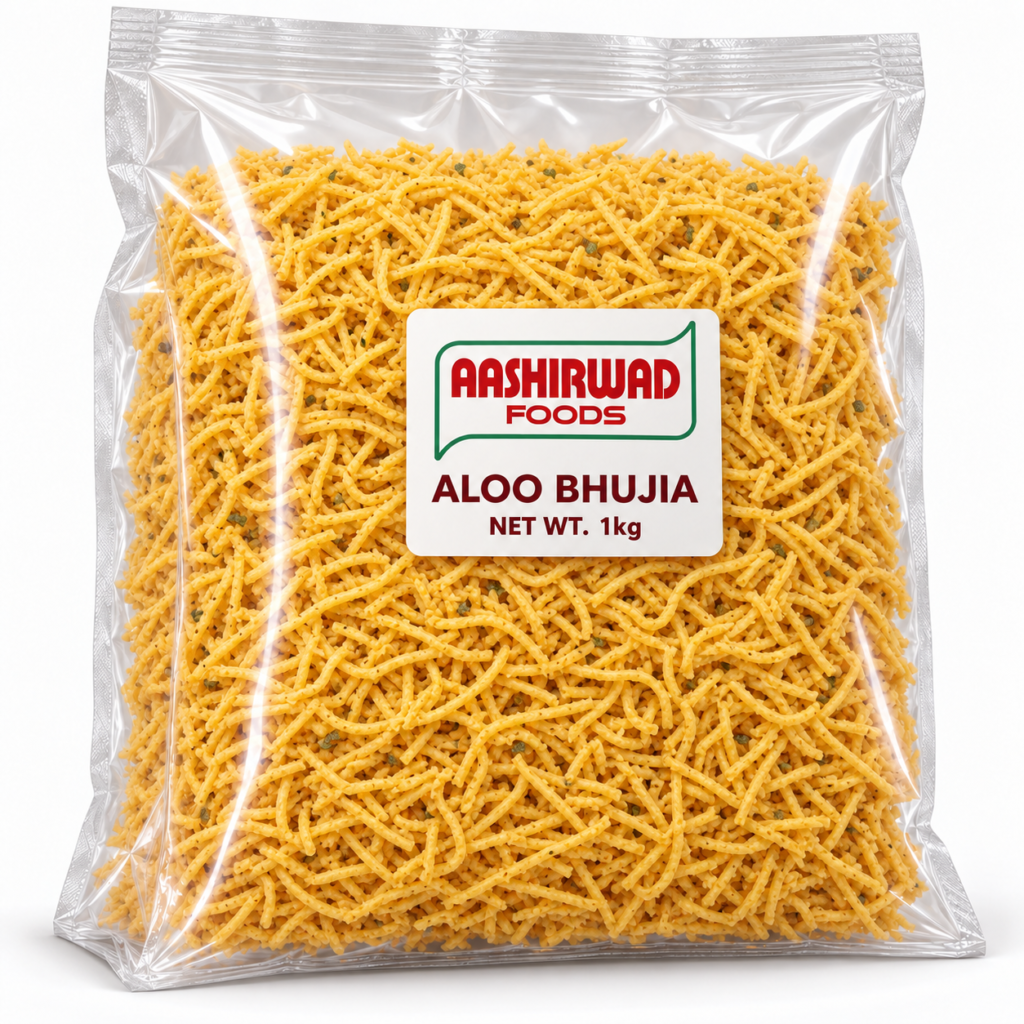 Aashirwad Foods Aloo Bhujia 1kg transparent pouch mockup