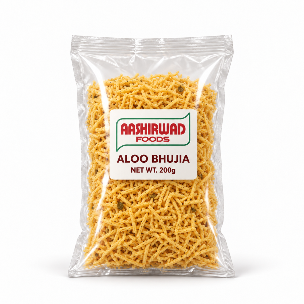Aashirwad Foods Aloo Bhujia 200g transparent pouch mockup