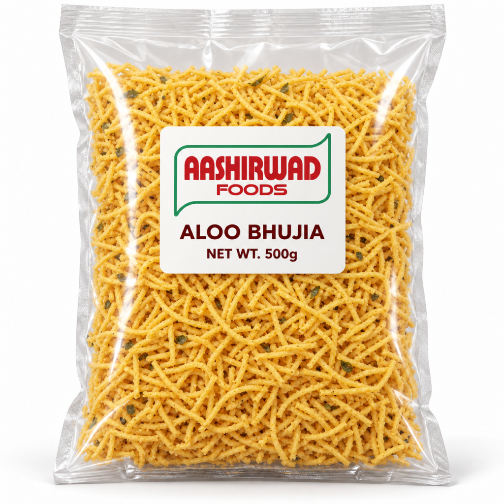 Aashirwad Foods Aloo Bhujia 500g transparent pouch mockup