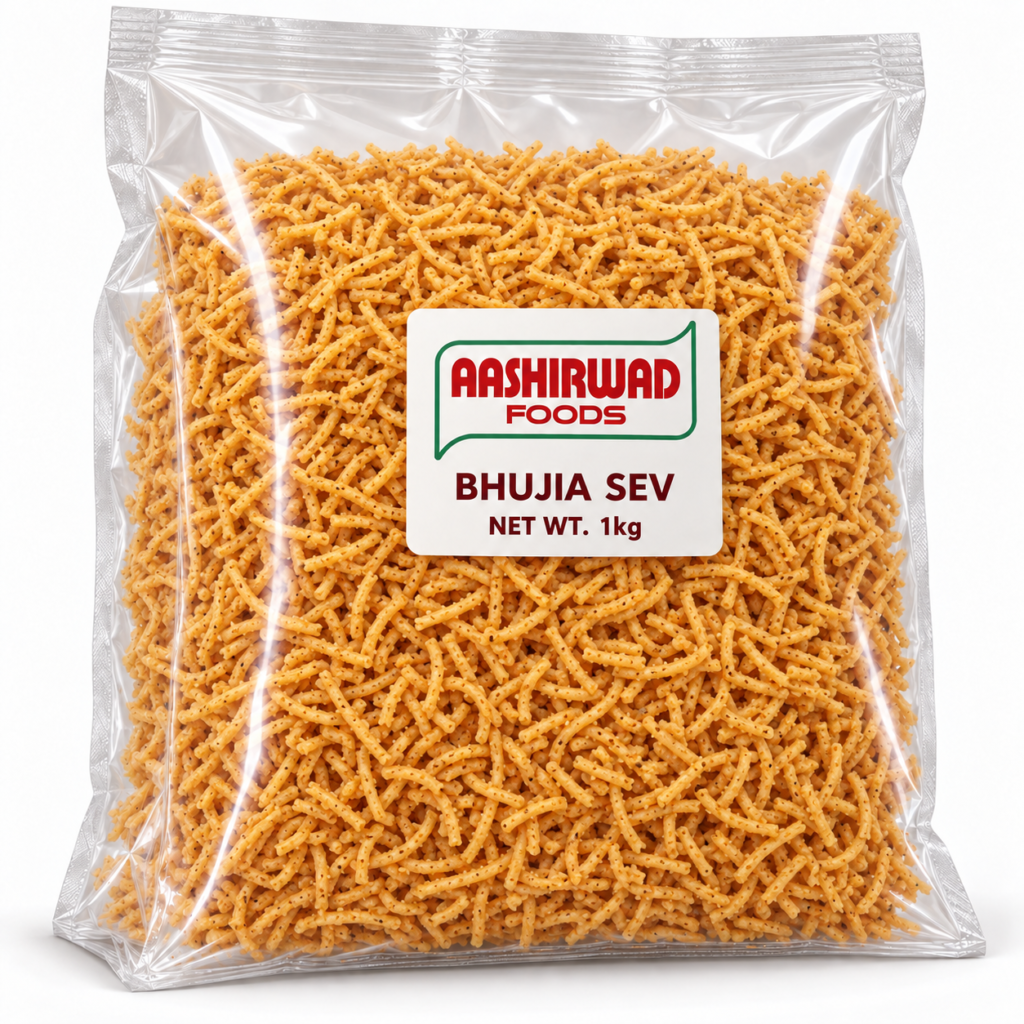 Aashirwad Foods Bhujia Sev 1kg transparent pouch mockup