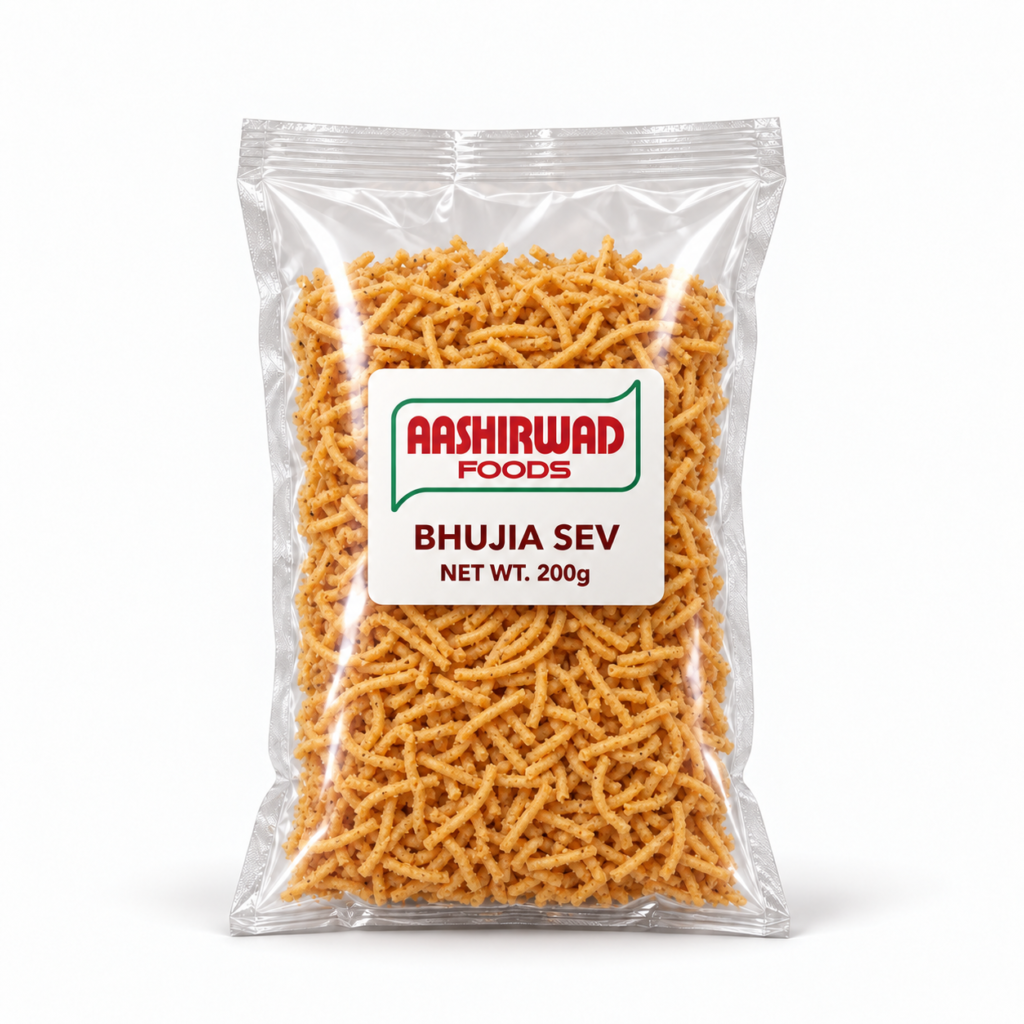Aashirwad Foods Bhujia Sev 200g transparent pouch mockup