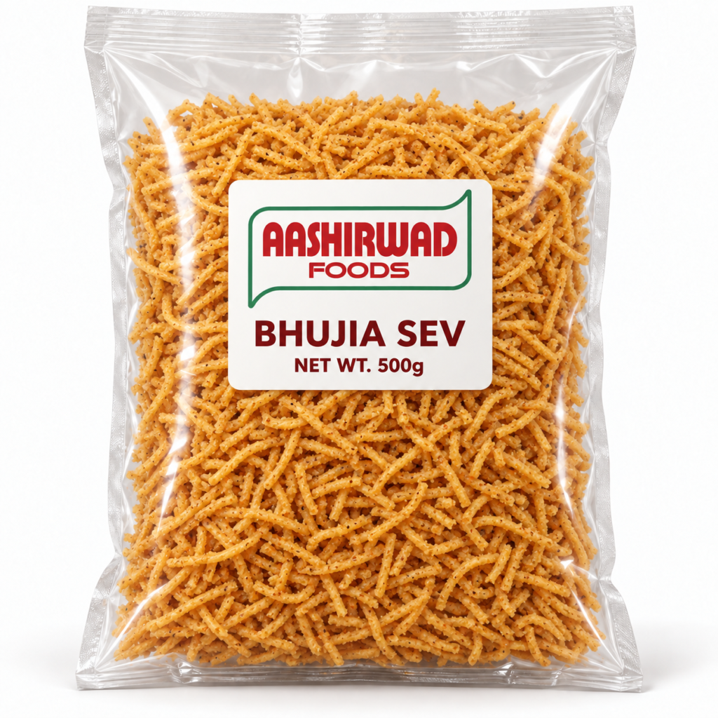 Aashirwad Foods Bhujia Sev 500g transparent pouch mockup