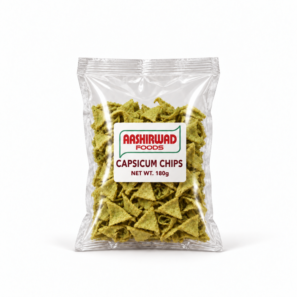 Aashirwad Foods Capsicum Chips 180g transparent pouch mockup