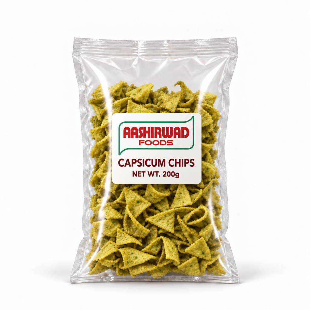 Aashirwad Foods Capsicum Chips 200g transparent pouch mockup