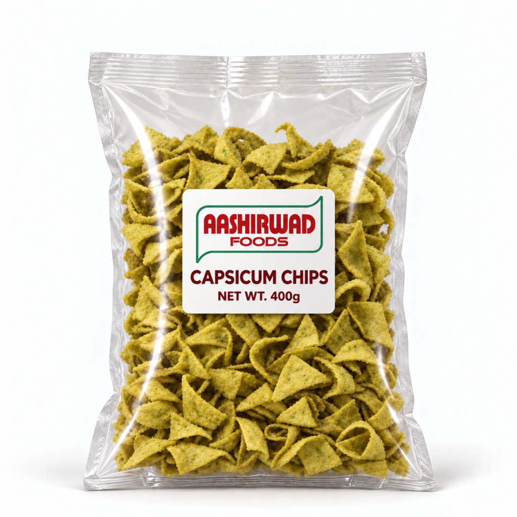Aashirwad Foods Capsicum Chips 400g transparent pouch mockup