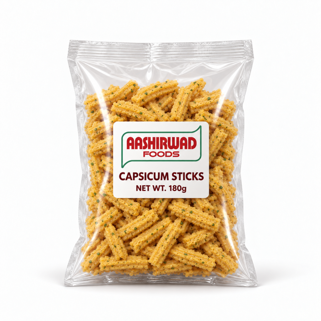 Aashirwad Foods Capsicum Sticks 180g transparent pouch mockup