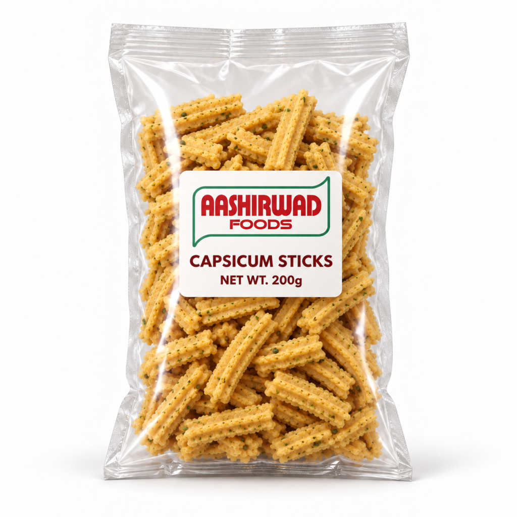 Aashirwad Foods Capsicum Sticks 200g transparent pouch mockup