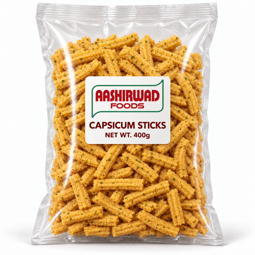Aashirwad Foods Capsicum Sticks 400g transparent pouch mockup