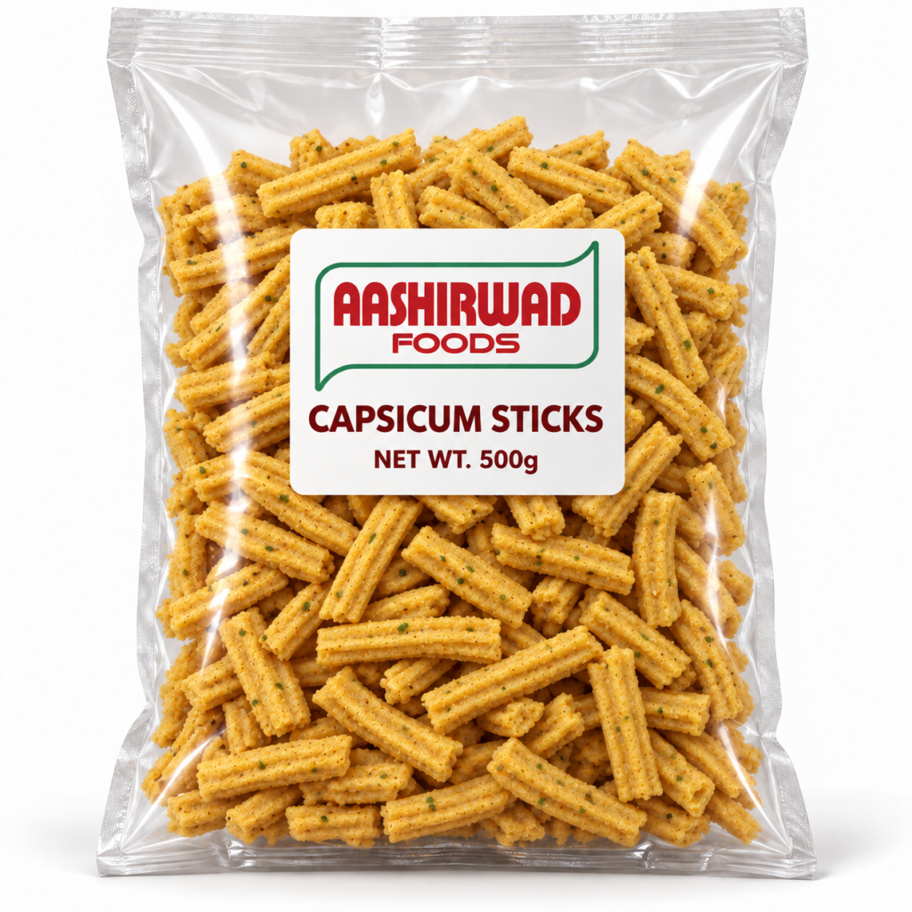Aashirwad Foods Capsicum Sticks 500g transparent pouch mockup