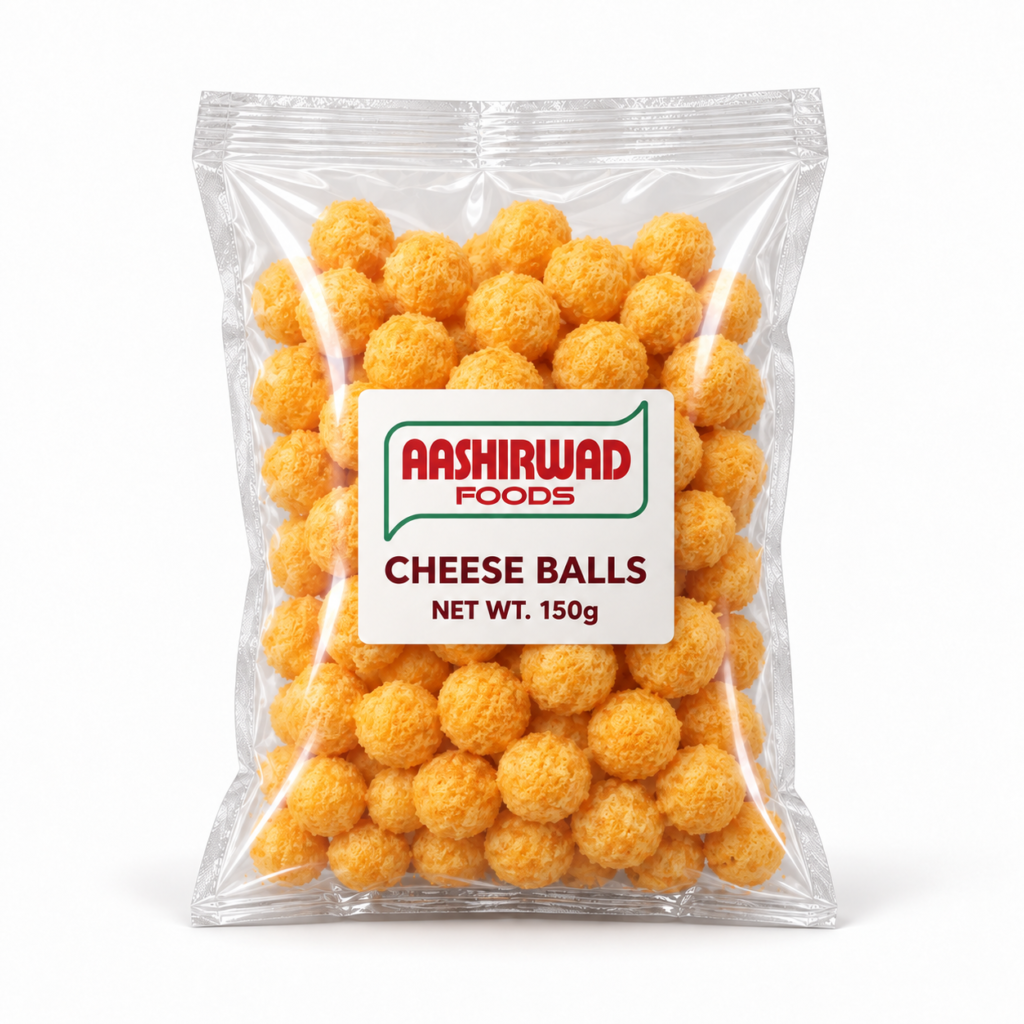 Aashirwad Foods Cheese Balls 150g transparent pouch mockup