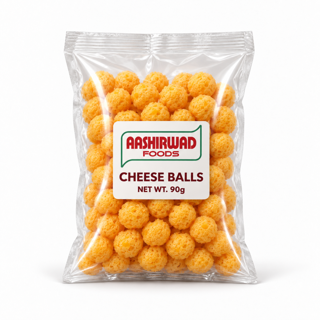Aashirwad Foods Cheese Balls 90g transparent pouch mockup