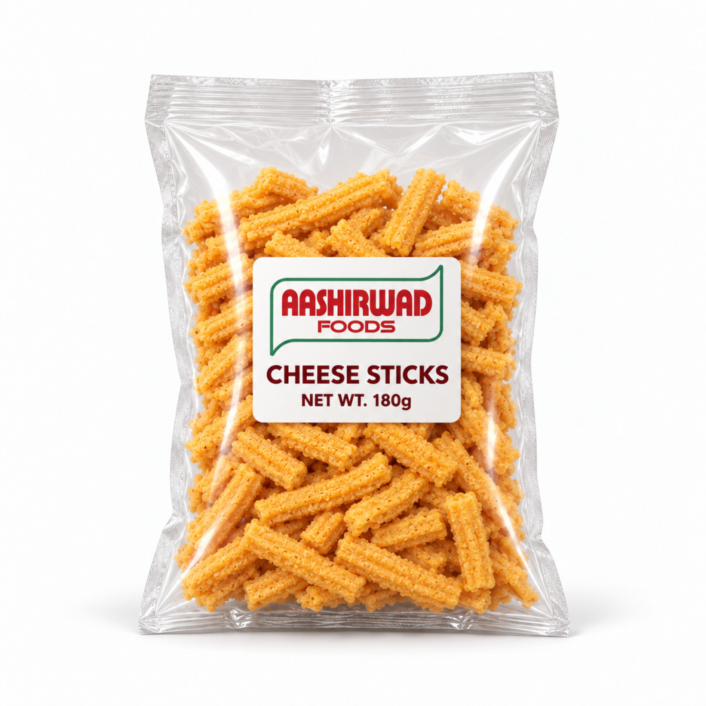 Aashirwad Foods Cheese Sticks 180g transparent pouch mockup