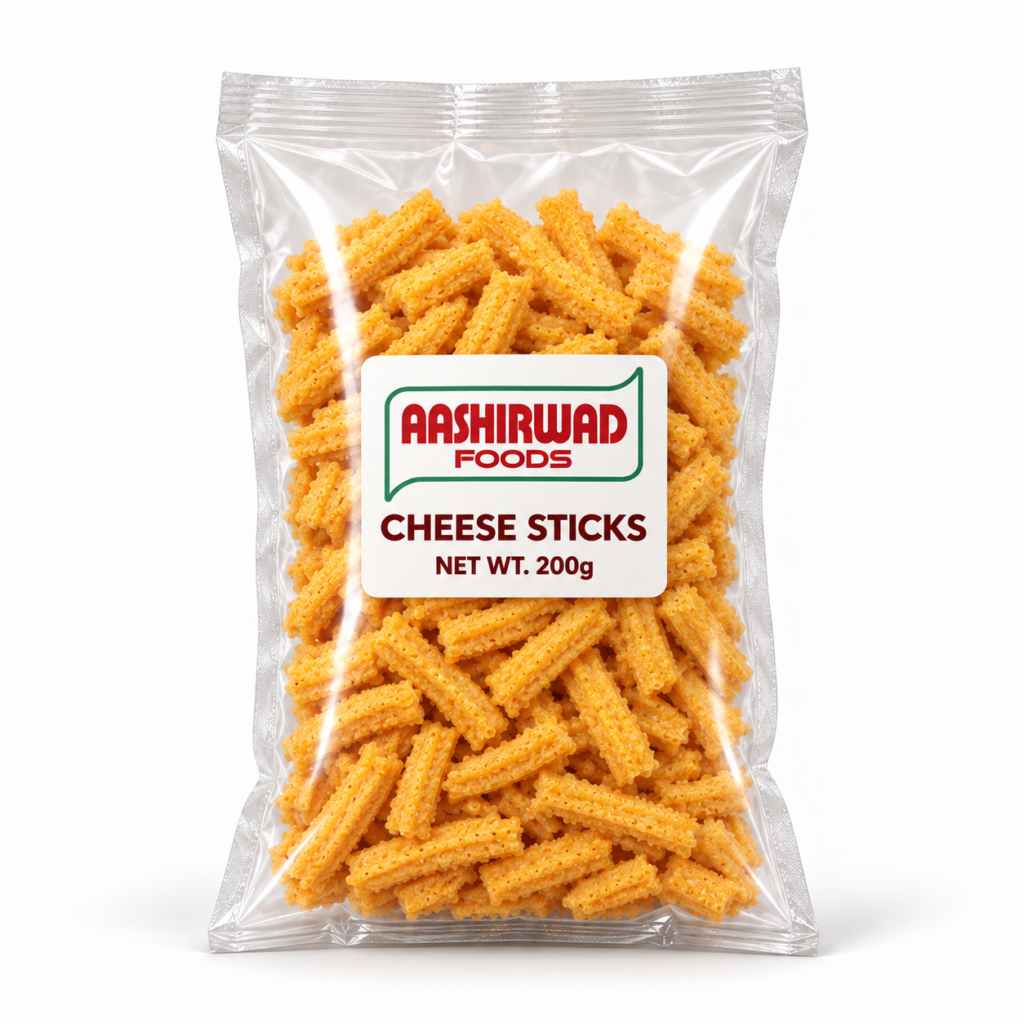 Aashirwad Foods Cheese Sticks 200g transparent pouch mockup