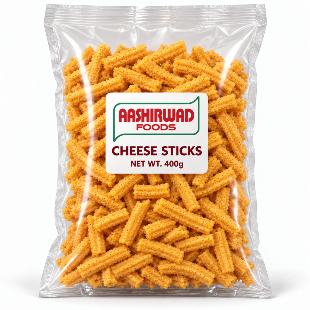 Aashirwad Foods Cheese Sticks 400g transparent pouch mockup