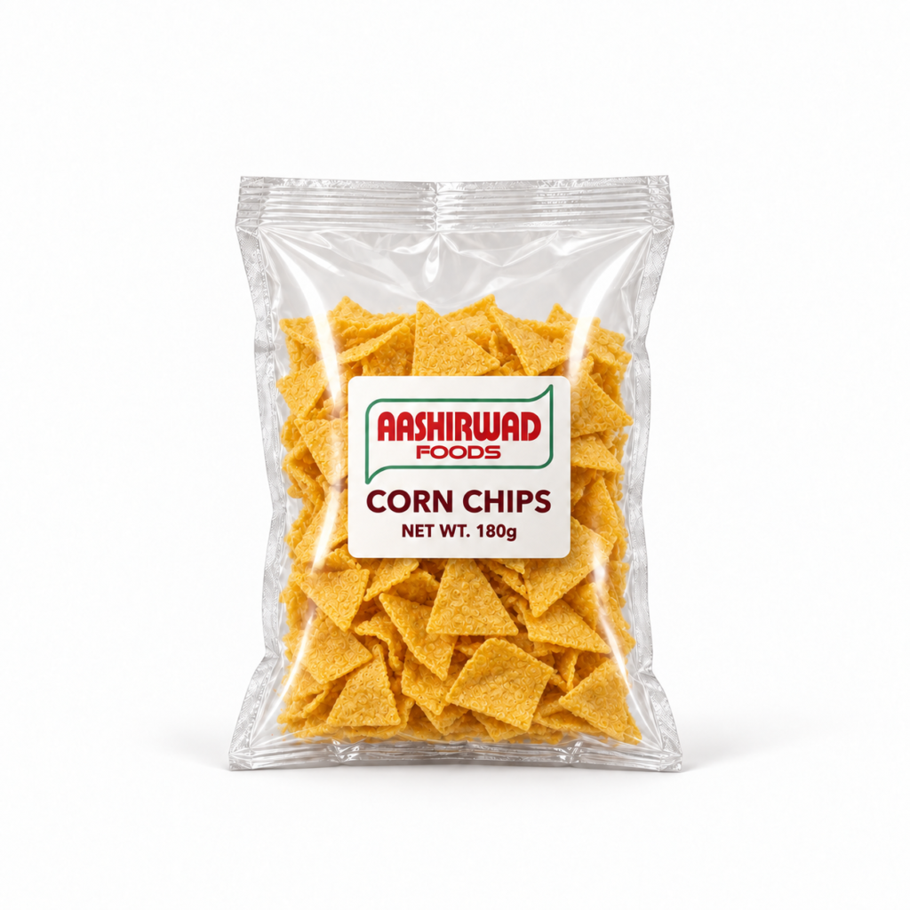 Aashirwad Foods Corn Chips 180g transparent pouch mockup