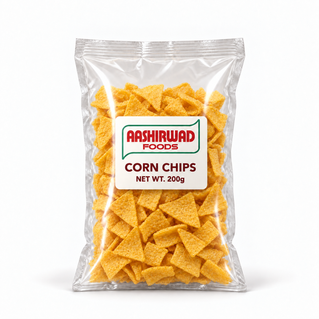 Aashirwad Foods Corn Chips 200g transparent pouch mockup