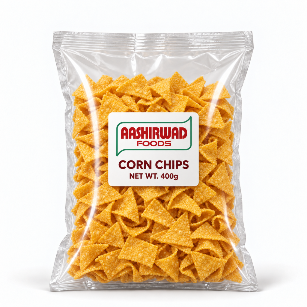 Aashirwad Foods Corn Chips 400g transparent pouch mockup