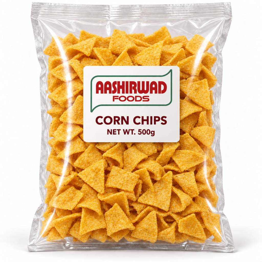 Aashirwad Foods Corn Chips 500g transparent pouch mockup
