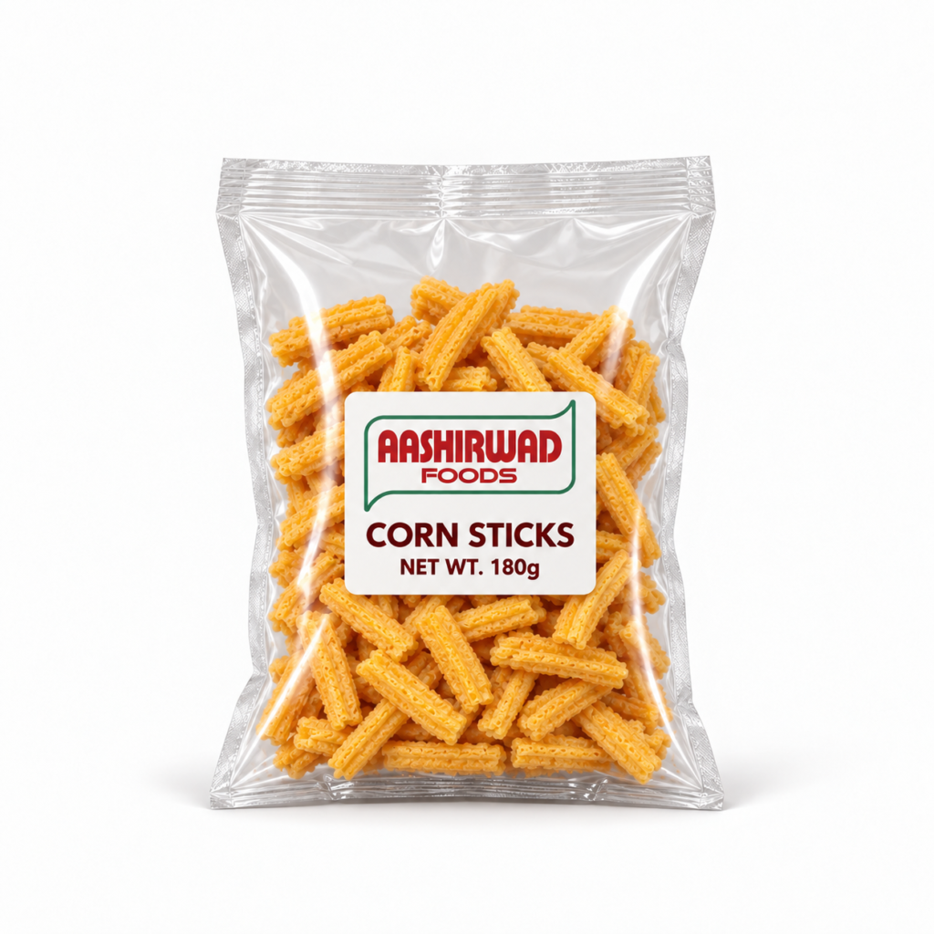 Aashirwad Foods Corn Sticks 180g transparent pouch mockup