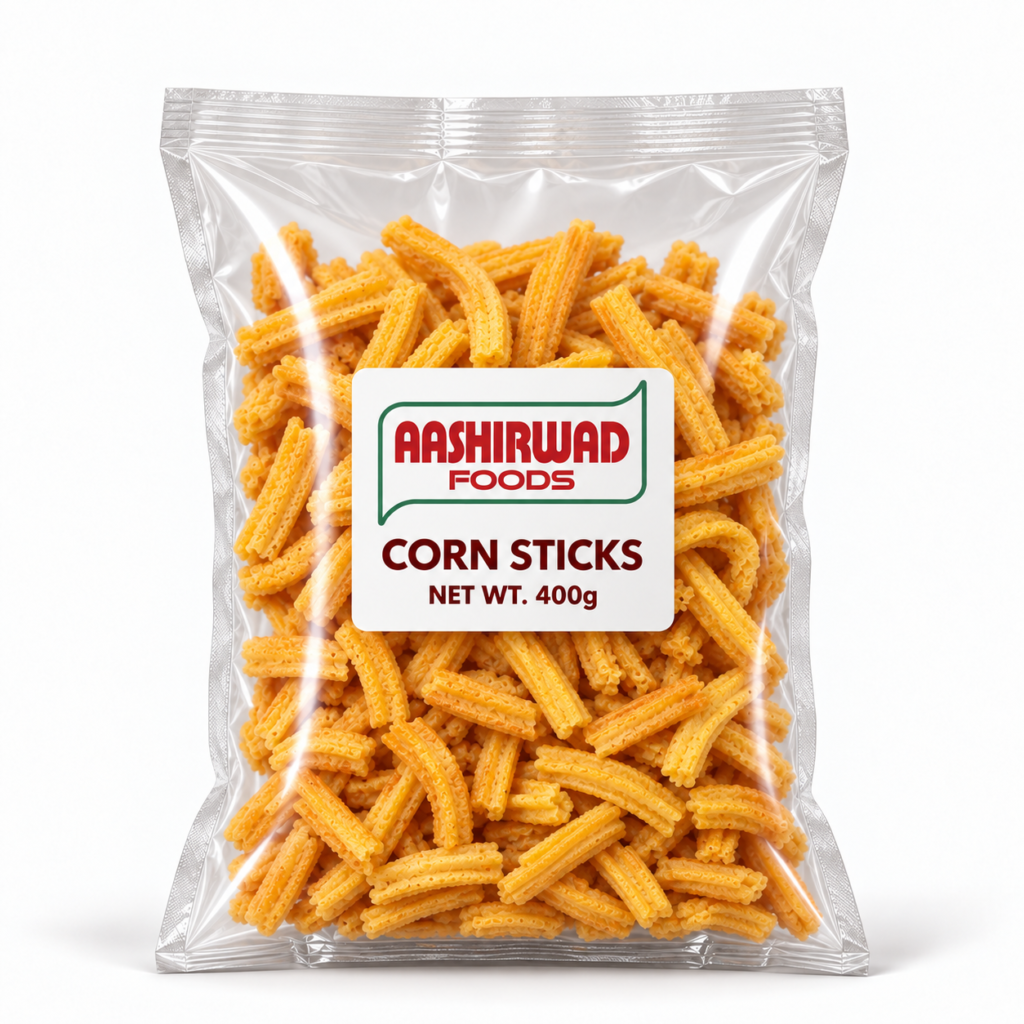 Aashirwad Foods Corn Sticks 400g transparent pouch mockup
