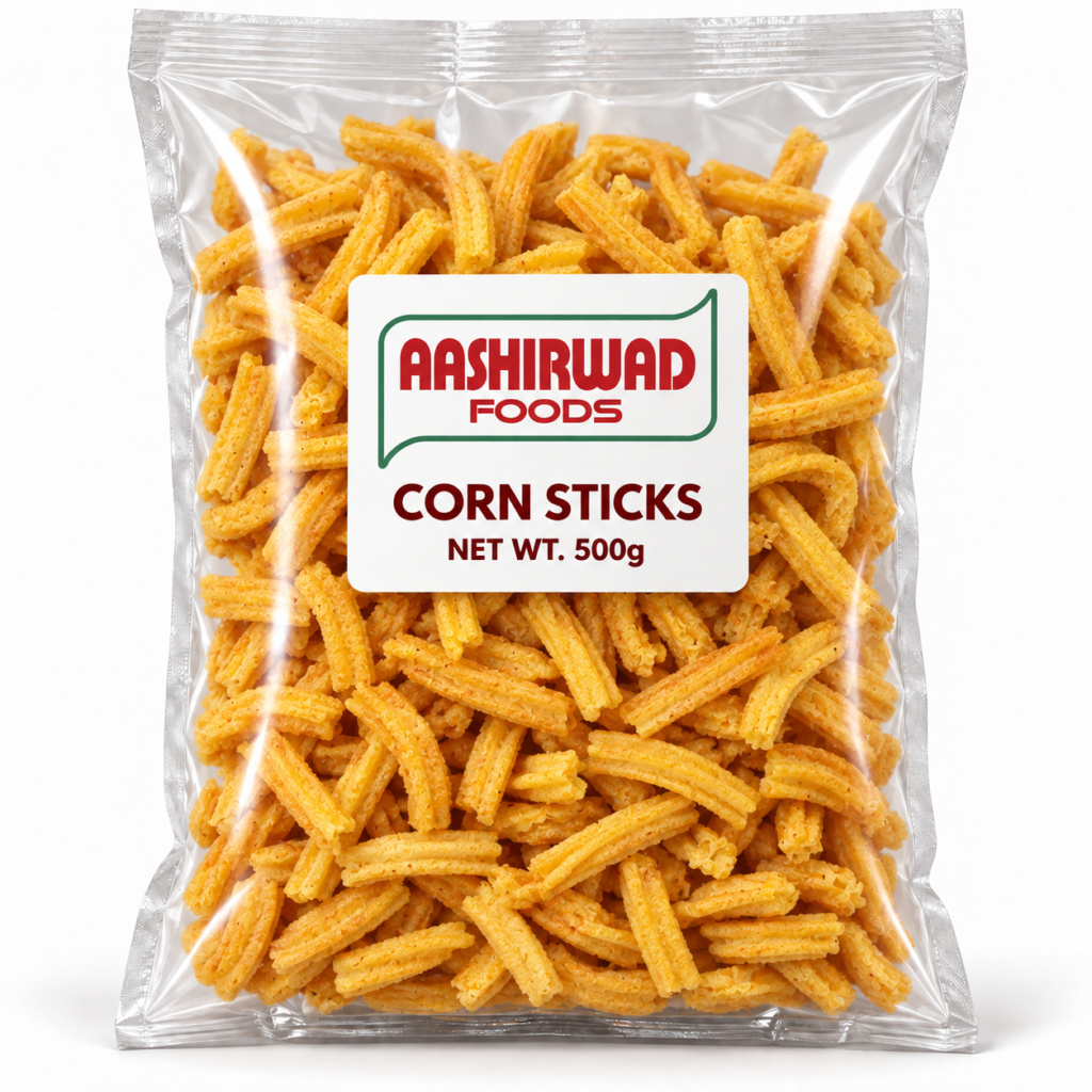 Aashirwad Foods Corn Sticks 500g transparent pouch mockup
