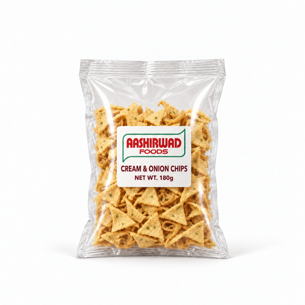 Aashirwad Foods Cream & Onion Chips 180g transparent pouch mockup