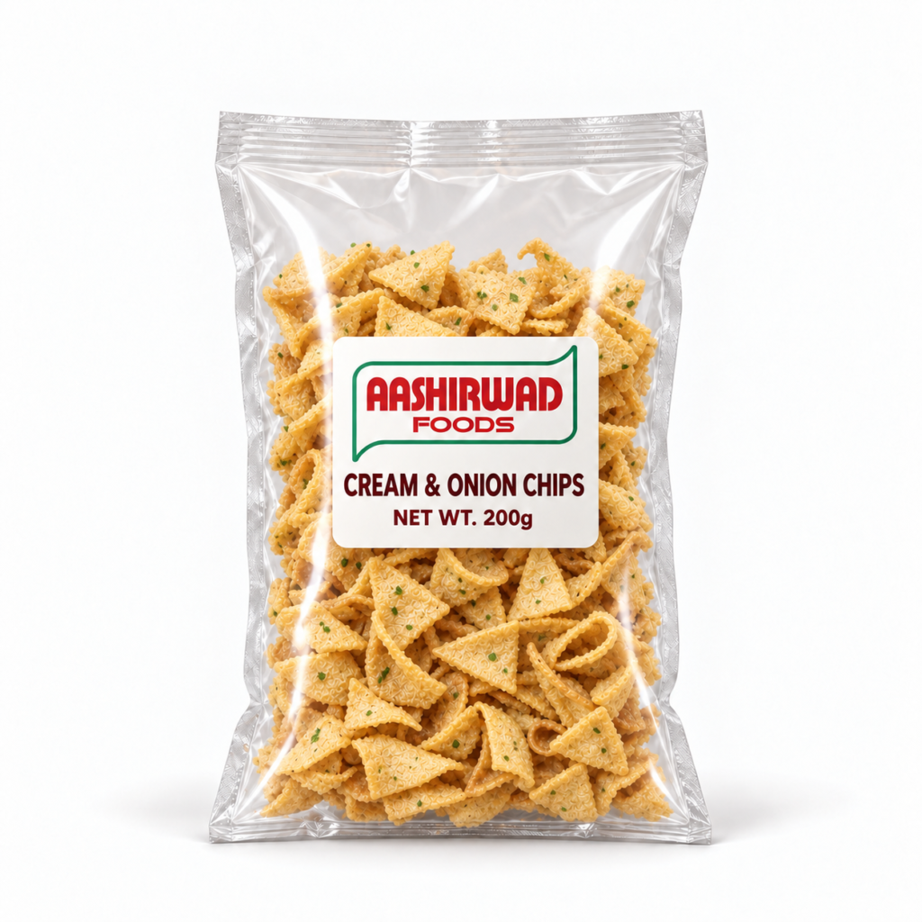 Aashirwad Foods Cream & Onion Chips 200g transparent pouch mockup