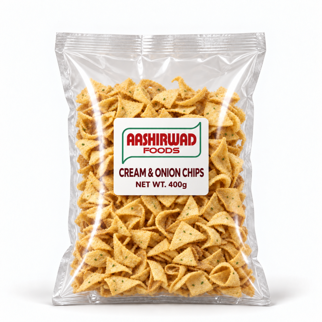 Aashirwad Foods Cream & Onion Chips 400g transparent pouch mockup