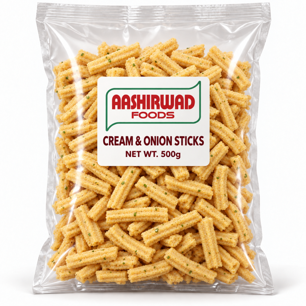 Aashirwad Foods Cream & Onion Sticks 500g transparent pouch mockup