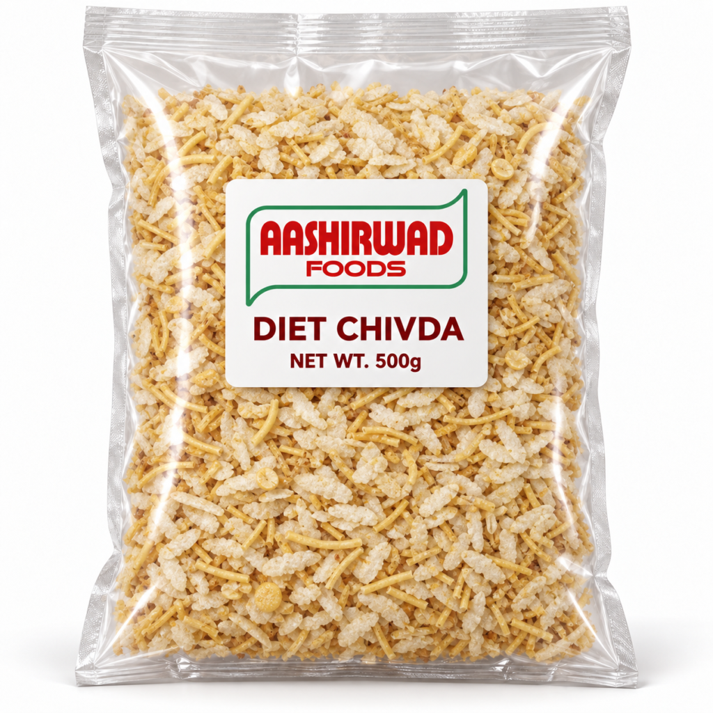 Aashirwad Foods Diet Chivda 500g transparent pouch mockup