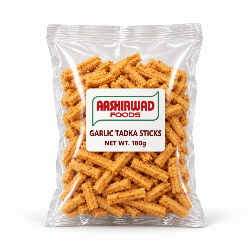 Aashirwad Foods Garlic Tadka Sticks 180g transparent pouch mockup