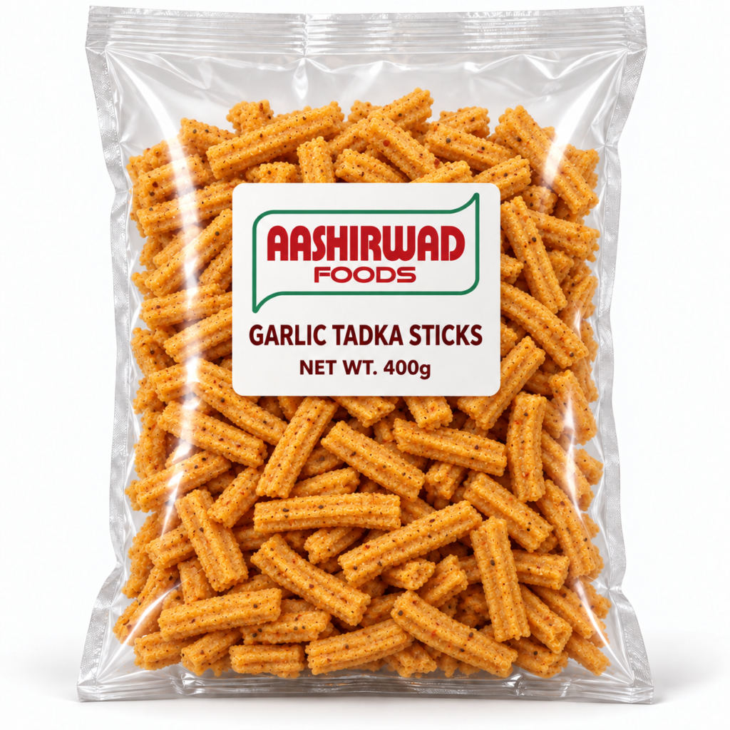 Aashirwad Foods Garlic Tadka Sticks 400g transparent pouch mockup