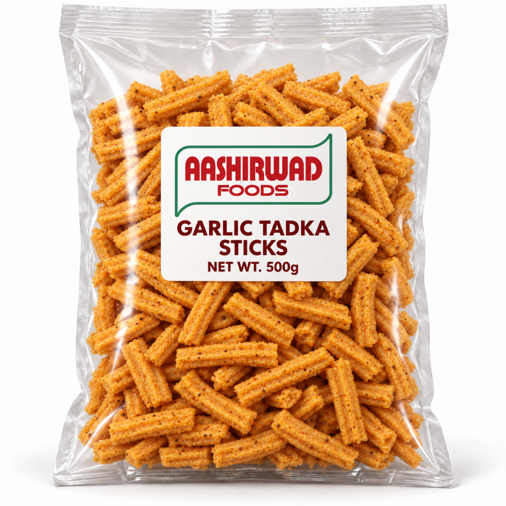 Aashirwad Foods Garlic Tadka Sticks 500g transparent pouch mockup