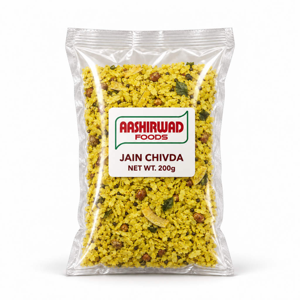 Aashirwad Foods Jain Chivda 200g transparent pouch mockup