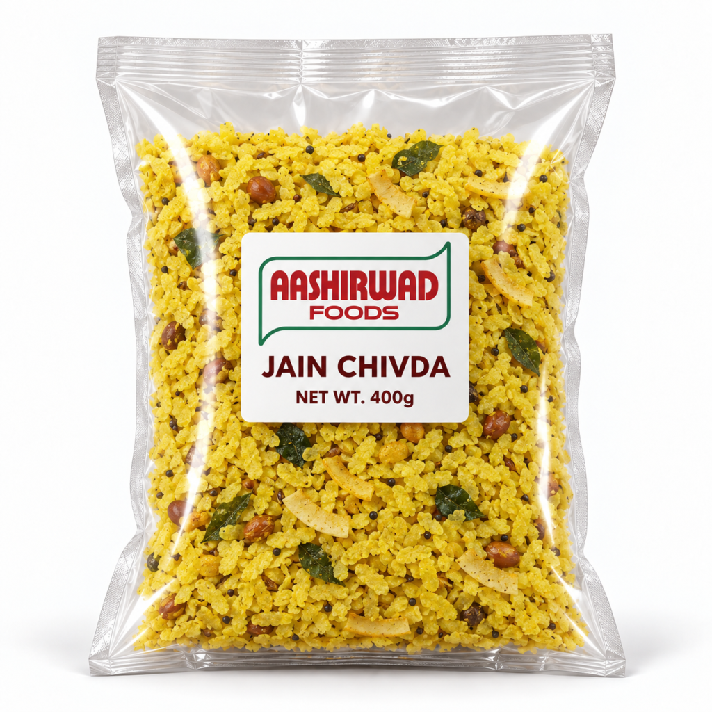 Aashirwad Foods Jain Chivda 400g transparent pouch mockup