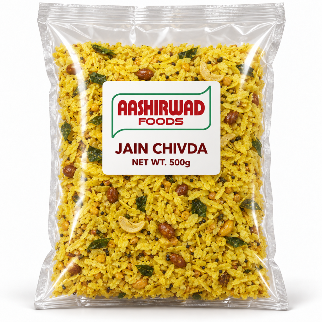 Aashirwad Foods Jain Chivda 500g transparent pouch mockup