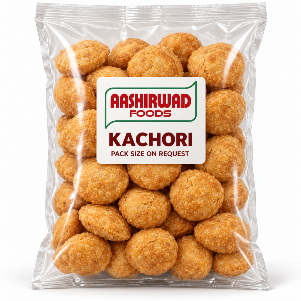 Aashirwad Foods Kachori Pack size on request transparent pouch mockup