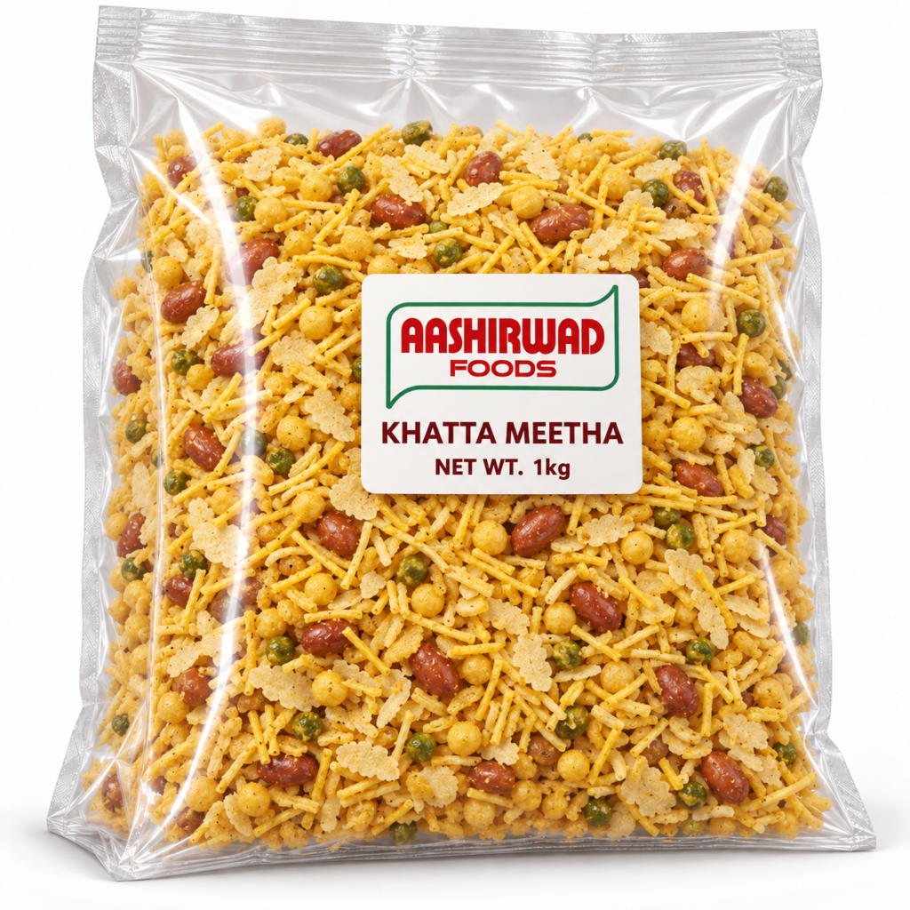 Aashirwad Foods Khatta Meetha 1kg transparent pouch mockup