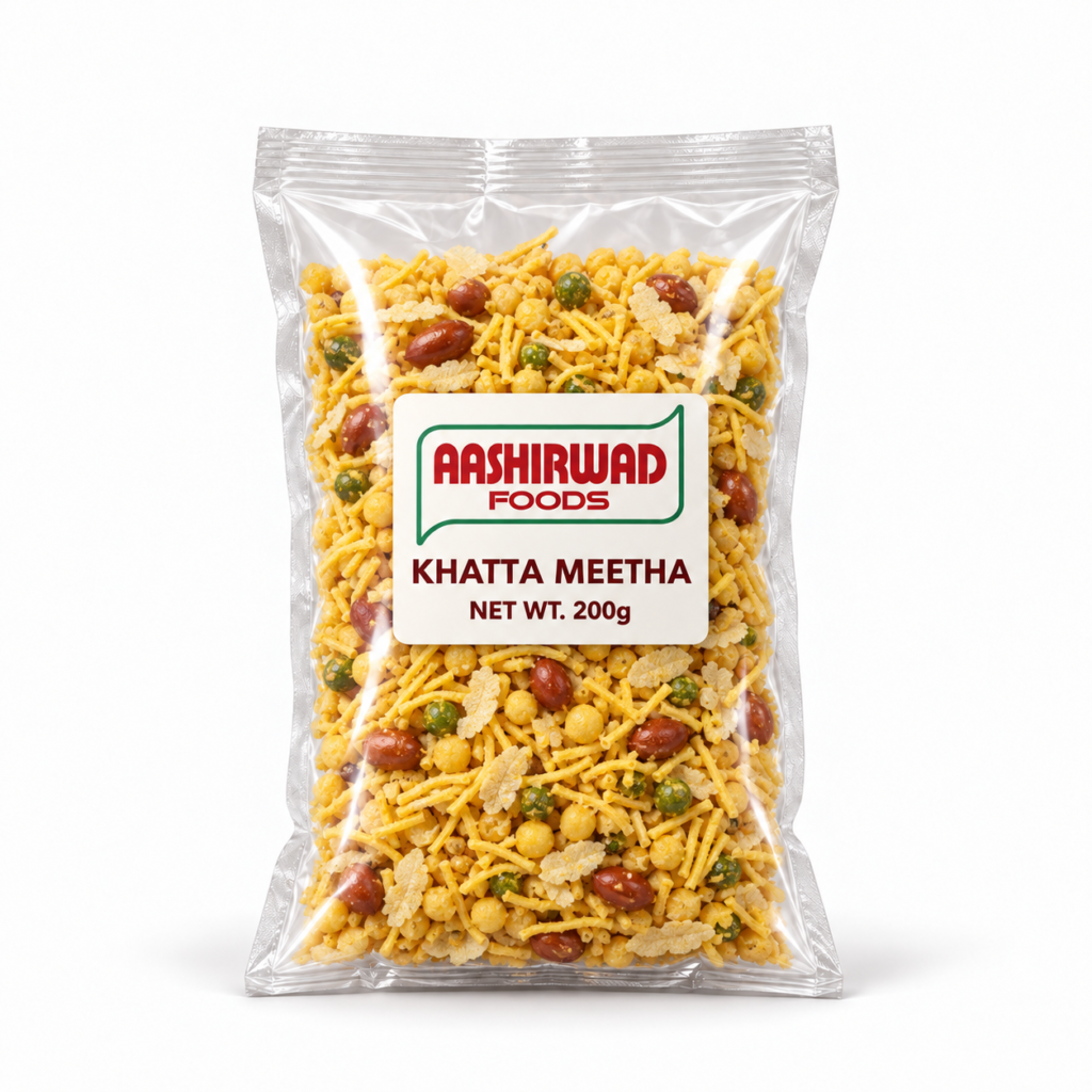 Aashirwad Foods Khatta Meetha 200g transparent pouch mockup