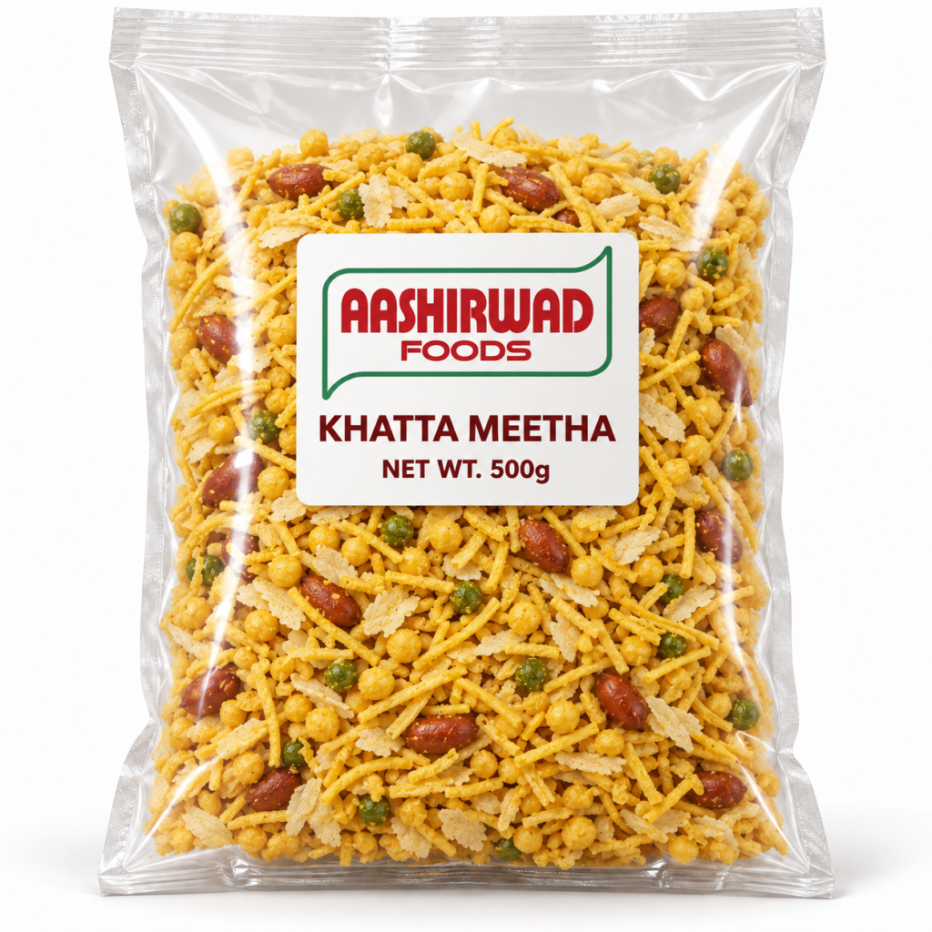 Aashirwad Foods Khatta Meetha 500g transparent pouch mockup