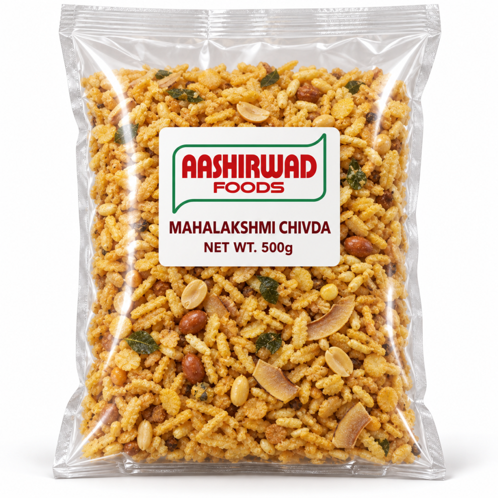 Aashirwad Foods Mahalakshmi Chivda 500g transparent pouch mockup