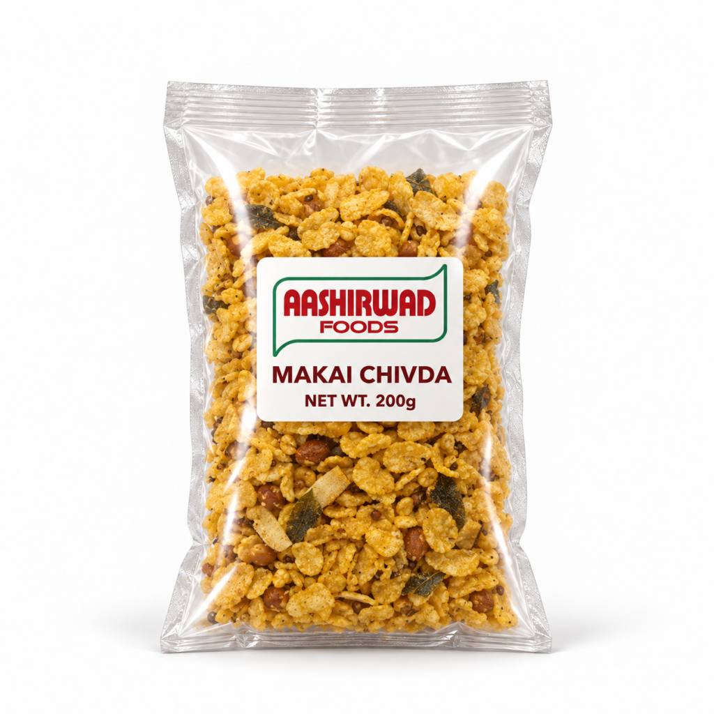 Aashirwad Foods Makai Chivda 200g transparent pouch mockup