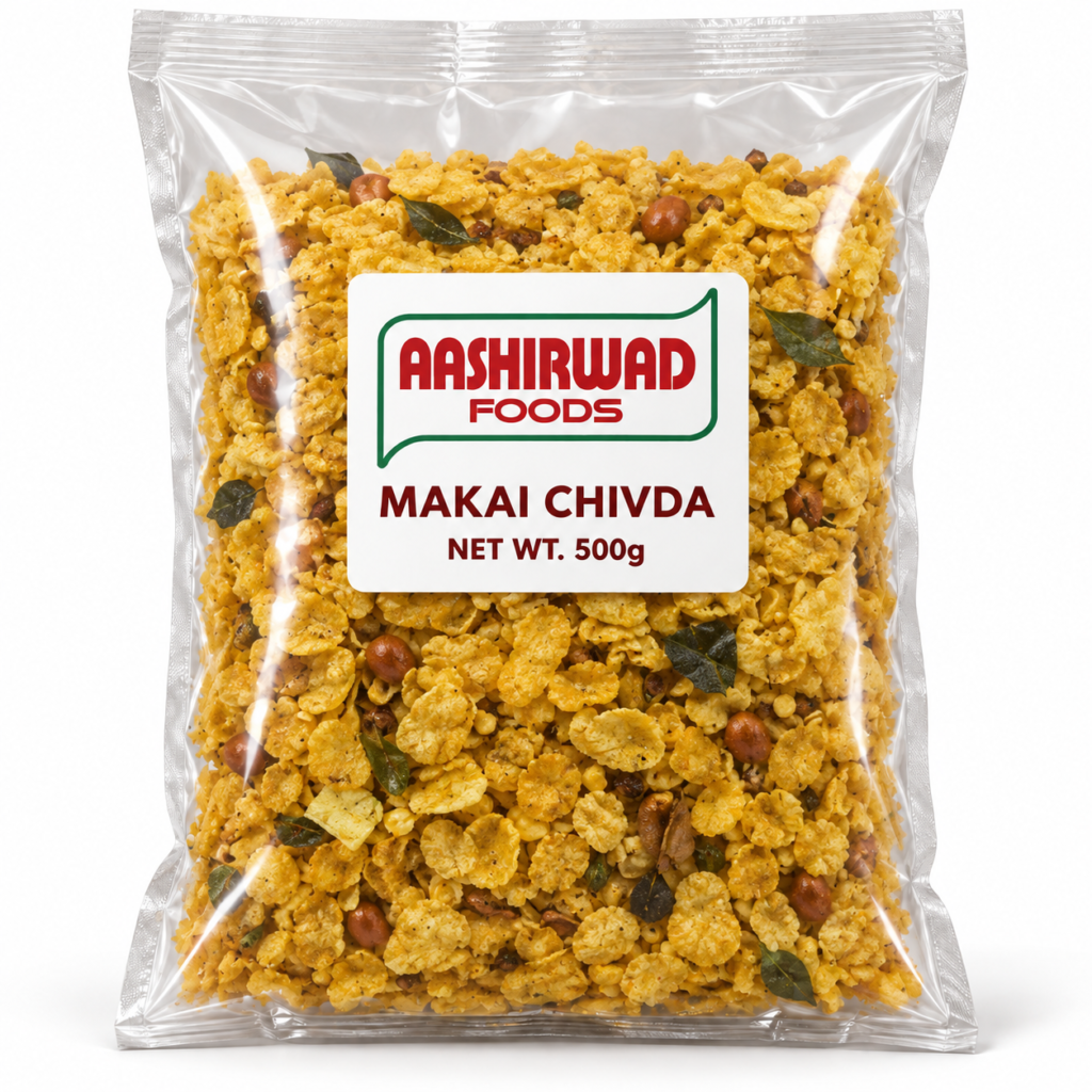 Aashirwad Foods Makai Chivda 500g transparent pouch mockup
