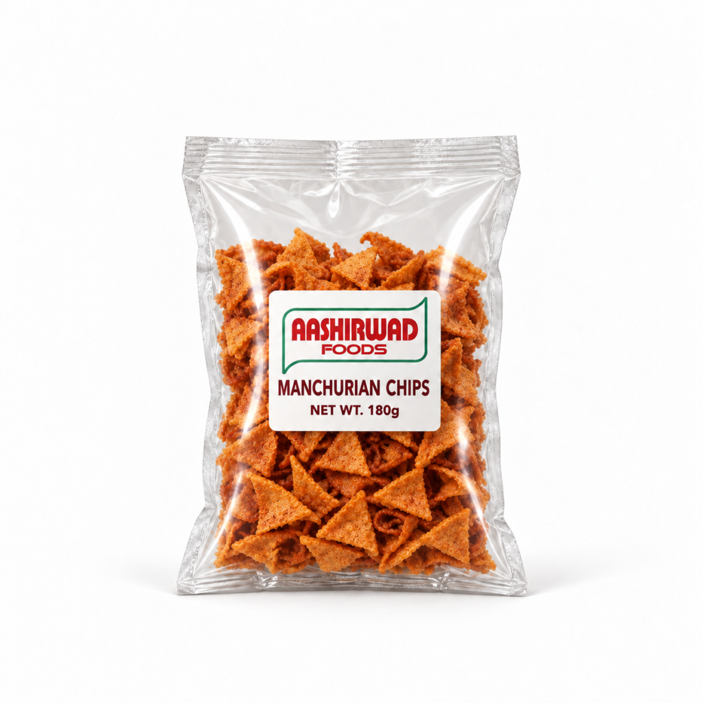 Aashirwad Foods Manchurian Chips 180g transparent pouch mockup