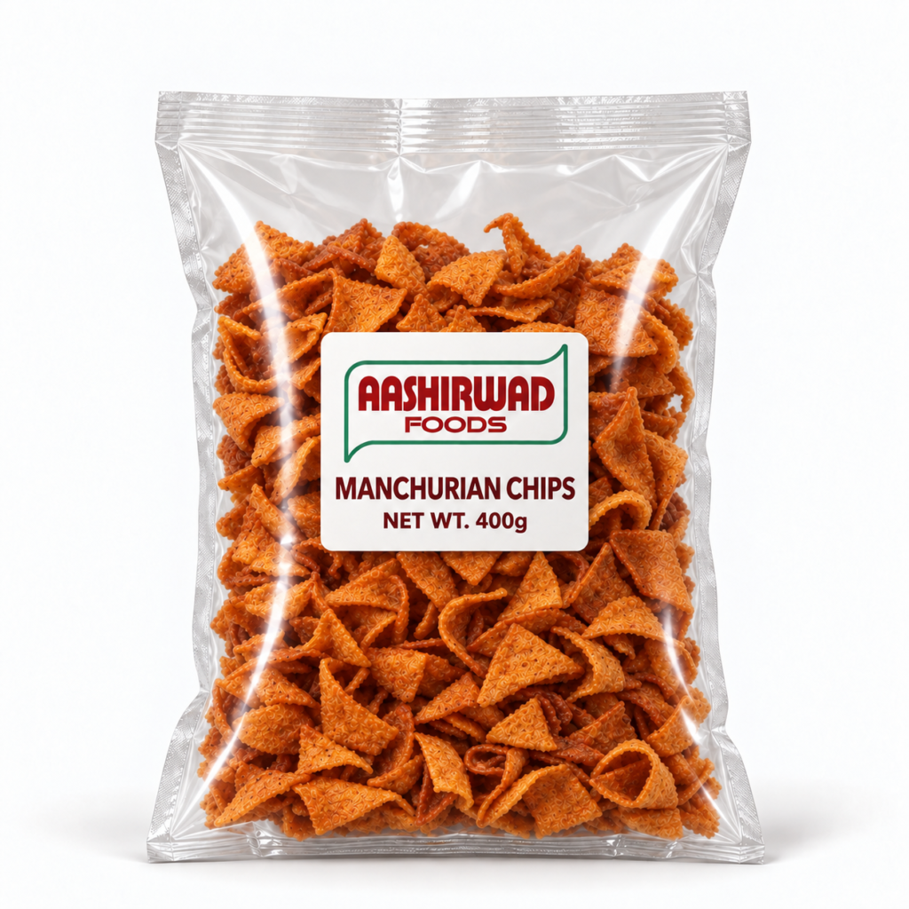 Aashirwad Foods Manchurian Chips 400g transparent pouch mockup