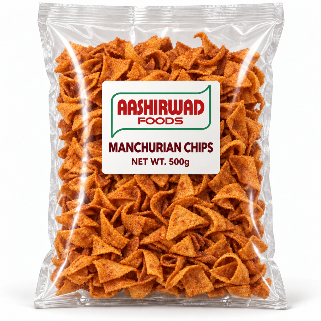 Aashirwad Foods Manchurian Chips 500g transparent pouch mockup