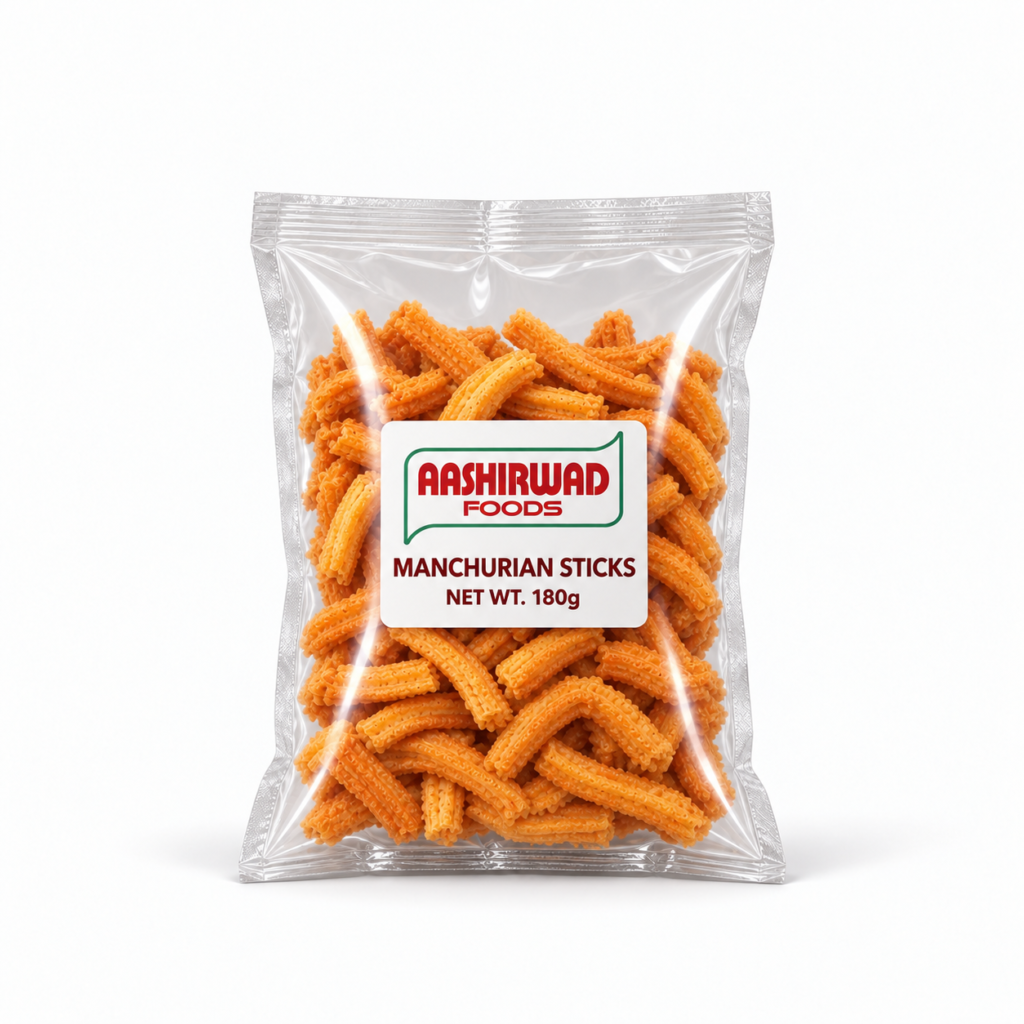 Aashirwad Foods Manchurian Sticks 180g transparent pouch mockup