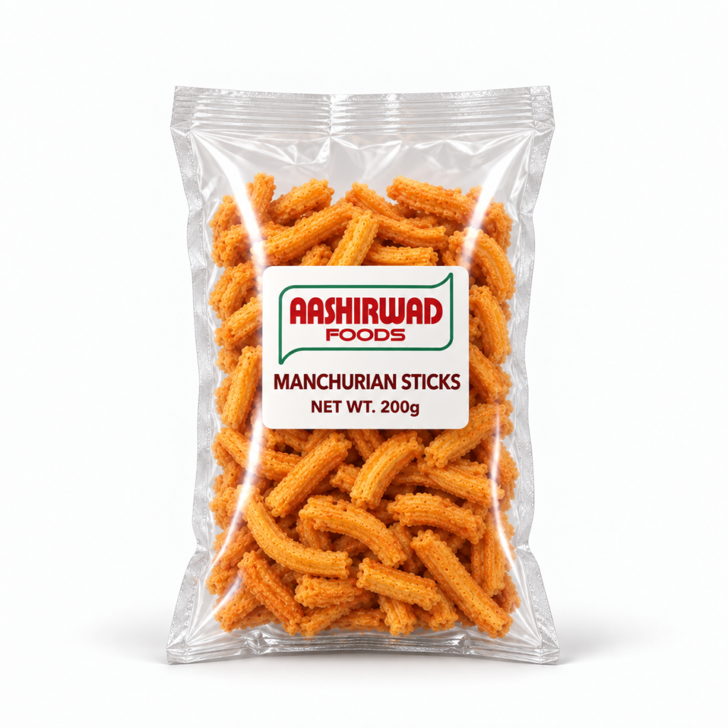 Aashirwad Foods Manchurian Sticks 200g transparent pouch mockup