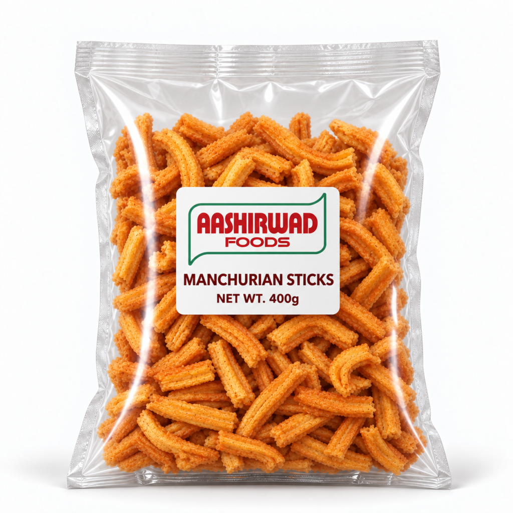 Aashirwad Foods Manchurian Sticks 400g transparent pouch mockup