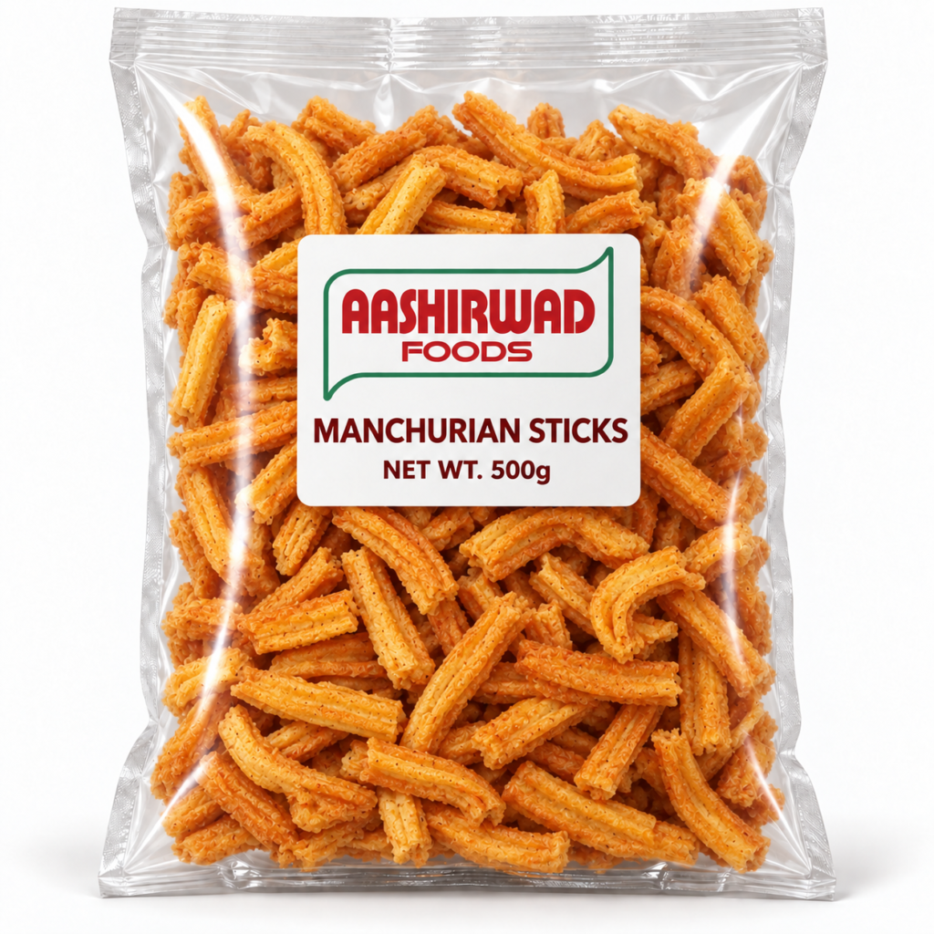 Aashirwad Foods Manchurian Sticks 500g transparent pouch mockup